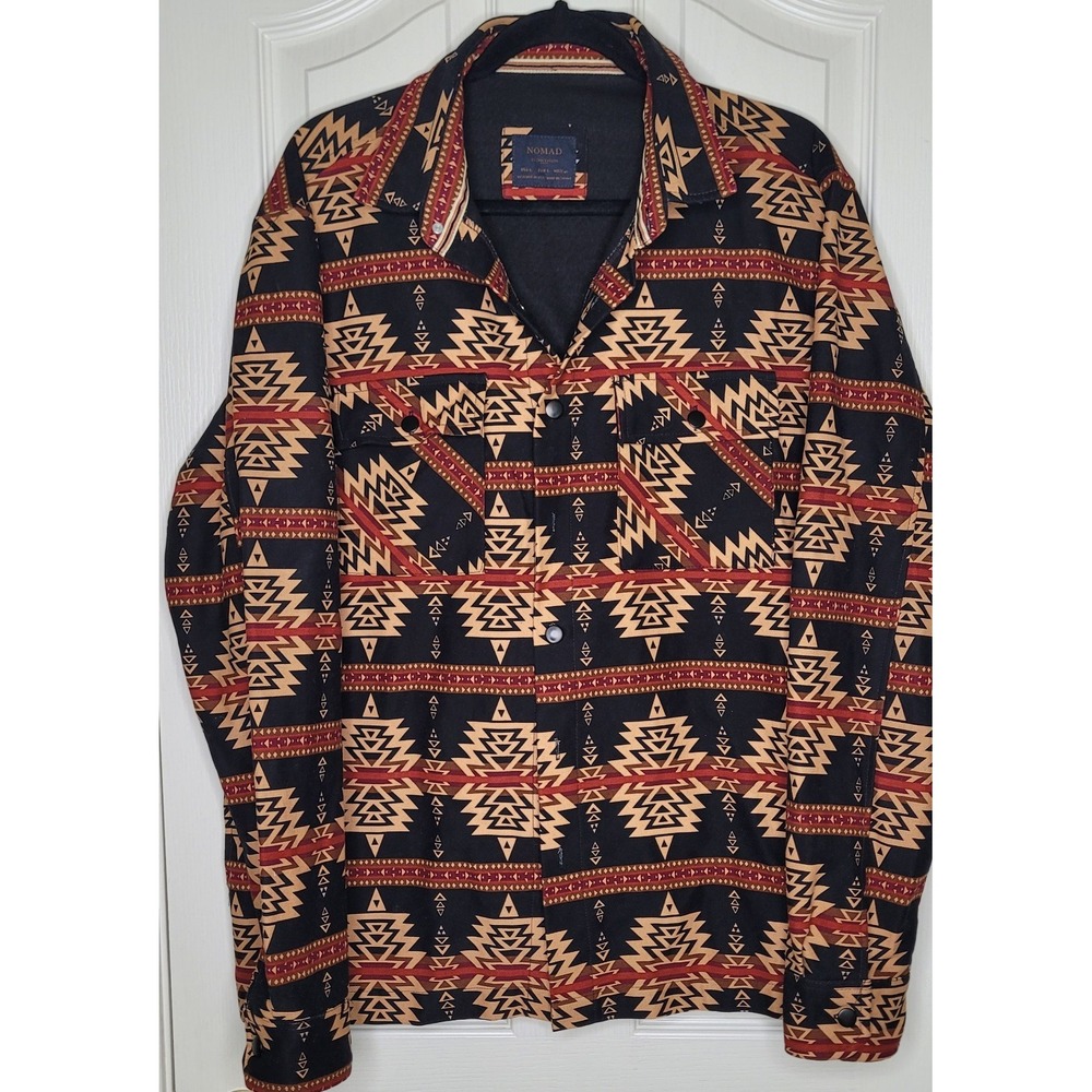 Nomad Men's Aztec Pattern Shirt Jacket Black Tan Red L Button Spread Collar